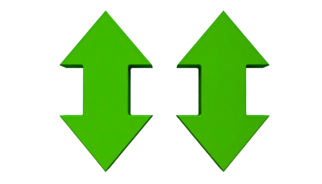 Two green arrows, one pointing up, one down, set against a stark black background - Powered by Adobe