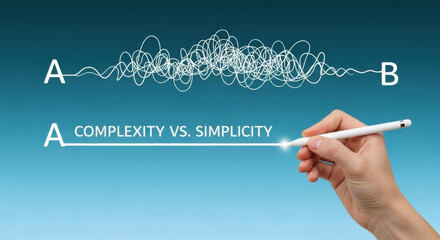 Hand draws a straight line symbolizing simplicity versus complex, chaotic path from A to B on a blue background, representing problem-solving concepts.