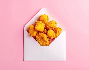 Fried bites overflowing from a white envelope on pink