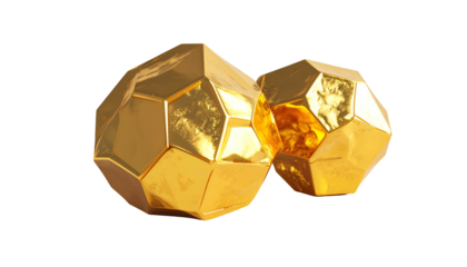 Two golden, geometric-shaped objects on a black background, textured surface