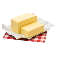 Blocks of butter on red checkered cloth