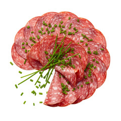 Delicious salami slices arranged with fresh chives on black background