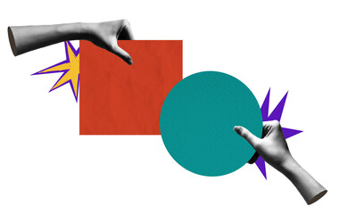 Hand holding a speech bubbles. Social media communication. Collage contemporary art isolated Halftone design. For creative ideas, quote.