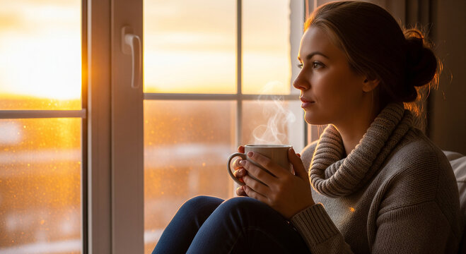 A cozy woman holding a hot cup while looking out a sunset window, perfect for winter comfort banners and relaxation goals