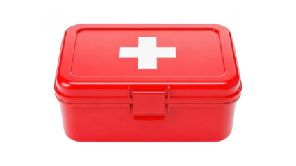Red first aid kit box with white cross on lid isolated on transparent background