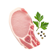 Raw pork chop with herbs and spices on black background