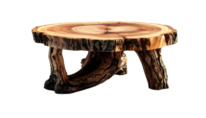 Rustic, round coffee table crafted from a tree trunk cross-section, supported by sturdy roots