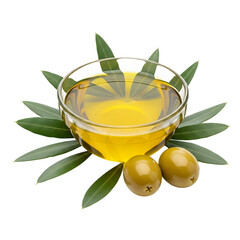 Golden olive oil in glass bowl with fresh olives and leaves