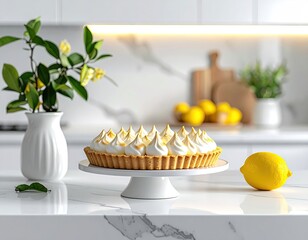 Lemon meringue pie on marble, bright kitchen backdrop