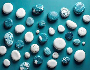Smooth, flat stones on teal background