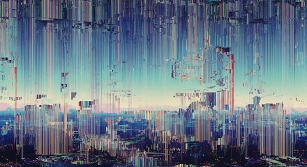 Glitchy cityscape with digital distortion effects.