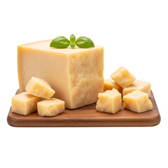 Parmesan cheese block and cubes on wooden cutting board with basil leaves