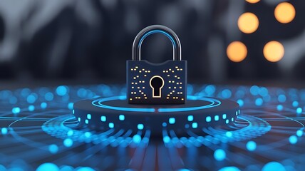 A digital padlock illuminated against a glowing blue network backdrop represents data security and the protection of sensitive information online