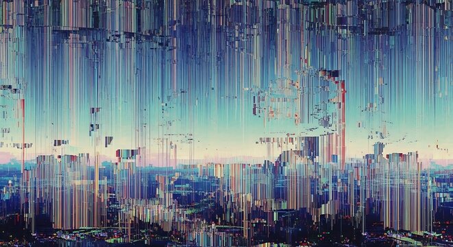 Glitchy cityscape with digital distortion effects. - Powered by Adobe