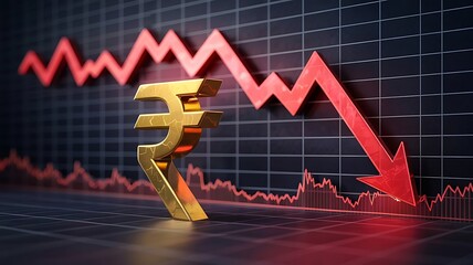 A golden indian rupee symbol is positioned in front of a sharply declining red graph visually representing financial loss