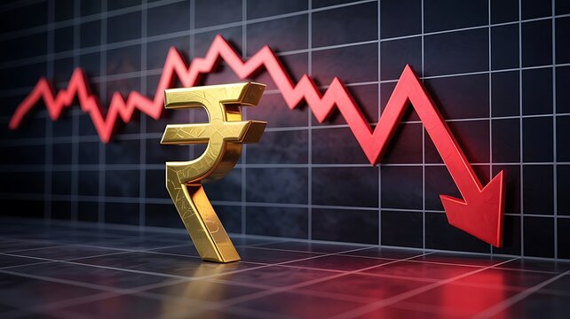 A golden indian rupee symbol stands before a dramatic red downward trending chart illustrating financial decline and economic instability
