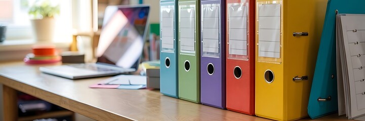 A colorful arrangement of ring binders a laptop and office supplies adorns a wooden desk near a window