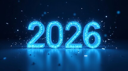 Bright blue glowing 2026 illuminated sign with sparkling particles for new year celebration