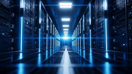 A futuristic data center corridor with rows of servers and blue neon lighting