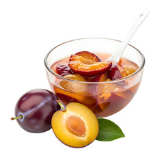 Delicious plum and apricot compote in a glass bowl with fresh fruits