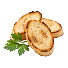 Sliced toasted bread with parsley on black background