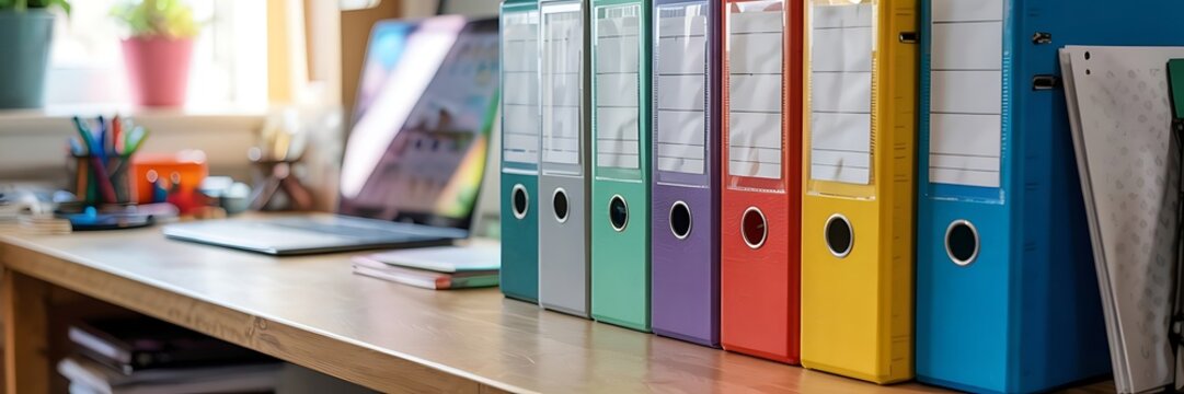 A brightly lit workspace features colorful ring binders a laptop stationery and a glimpse of indoor plants suggesting organization - Powered by Adobe