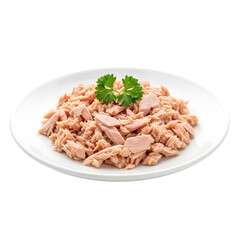 Delicious tuna salad on white plate with parsley garnish