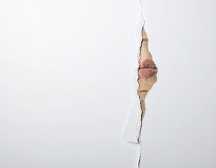 Lips peeking through ripped white paper