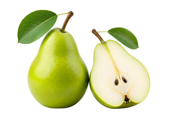 Fresh green pear and halved pear on black surface