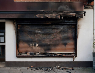 Burned storefront exterior after a fire, showing a heavily damaged shop front with a charred metal shutter, soot stains, and debris on the ground.