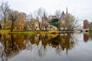 Fototapeta premium Vajdahunyad Castle with waterfront in Budapest at christmas time. Amazing Reflection.