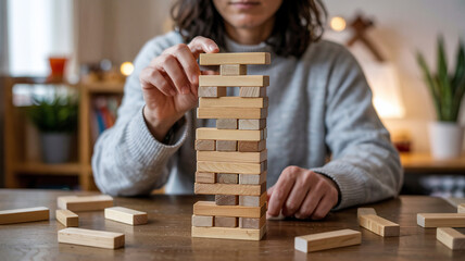 Someone stacks pieces into a tower instead of playin