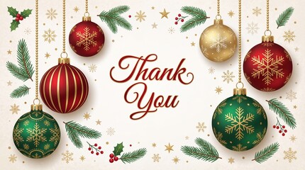 A festive thank you message is displayed amongst a collection of ornate christmas ornaments and winter foliage high quality