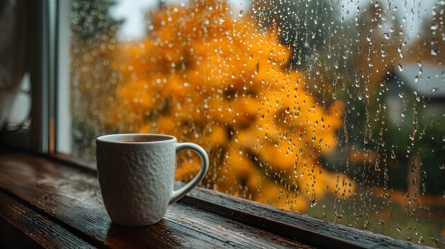 White ceramic coffee cup sitting on a wooden window sill with rain droplets streaking down the glass pane and vibrant orange autumn trees.