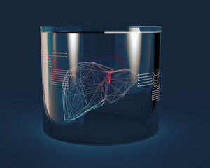 Futuristic Liver Scan: A glowing wireframe organ floats within a transparent cylindrical chamber, connected to circuitry&mdash;symbolizing advanced medical technology and digital health innovation.