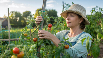 She stakes up a leaning tomato plant with string