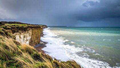 Waves crash against the rugged cliffs during a stormy day at the coastline near the town