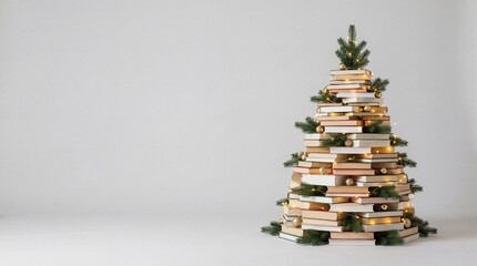 A creatively constructed christmas tree made entirely of stacked books with delicate greenery and twinkling lights set against a plain backdrop