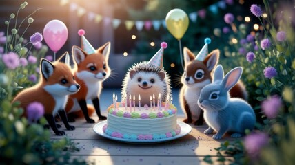 Fototapeta premium Cute Animal Birthday Party with Cake and Balloons