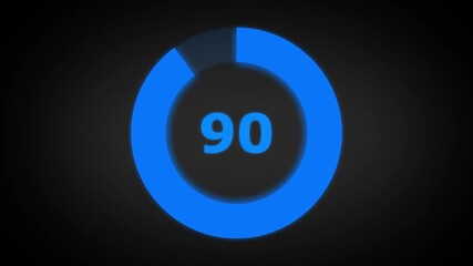 Numerical counting from 0 to 90. Circular progress bar with bright neon blue light , Loading circle icon animation on black background, Loading bar Technology concept.