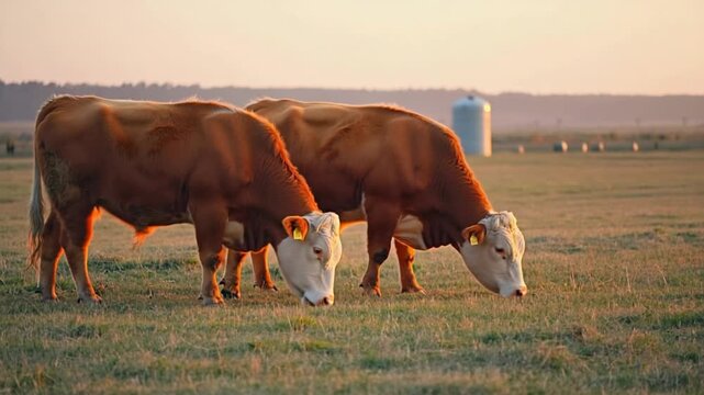 hereford cow grazing at sunset farm landscape video	
