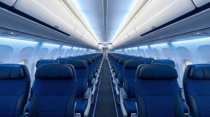 Fototapeta premium Spacious and modern passenger airplane cabin interior, featuring rows of empty blue seats and soft ambient lighting along the aisle, ready for travel.