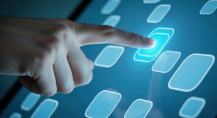 A finger taps a glowing touchscreen featuring an abstract interface with rounded rectangles, representing modern digital technology and interactive access.
