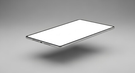 A floating white rectangular slab casts a soft shadow against a grey gradient background, creating a minimalist and modern abstract scene.