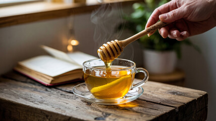 A spoon gently stirs honey into freshly brewed lemontea