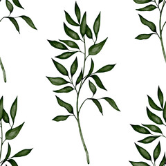 Fototapeta premium Seamless watercolor pattern with green leafy branches on a white background. Perfect for eco packaging, fabric design, wedding decor, invitations, natural cosmetics labels, and botanical projects.
