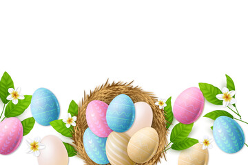 Colorful easter eggs nestled in a rustic straw nest with fresh green leaves and delicate white flowers isolated on transparent background