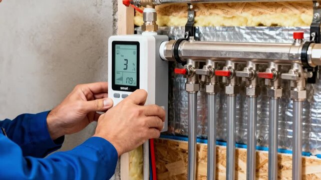 Medium shot of a technician adjusting a smart meter installed on radiant floor heating measuring energy consumption for system efficiency analysis.