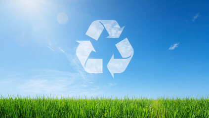 Grass field with a recycling symbol made by clouds, representing environmental consciousness and the push for sustainability