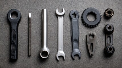 Array of tools including wrenches, bearings, and gears, on a textured gray surface
